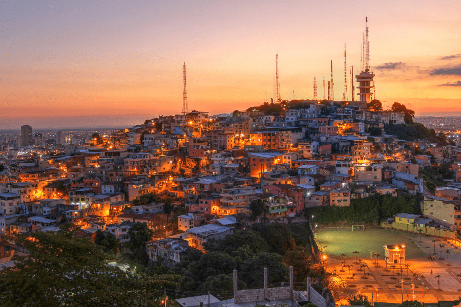 Sunset view over Guayaquil, Ecuador with focus on Carmel Hill as seen from St. Ana Hill