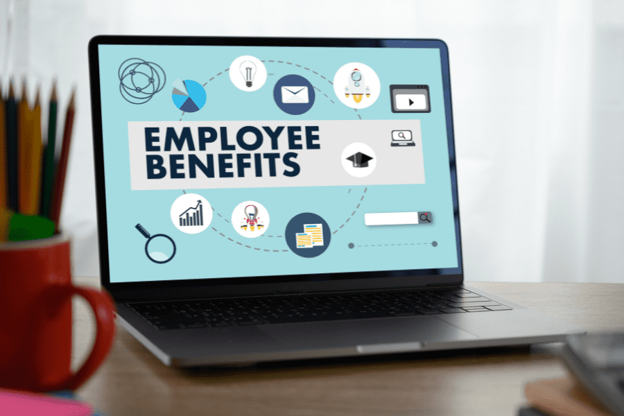 laptop screen showing the words employee benefits